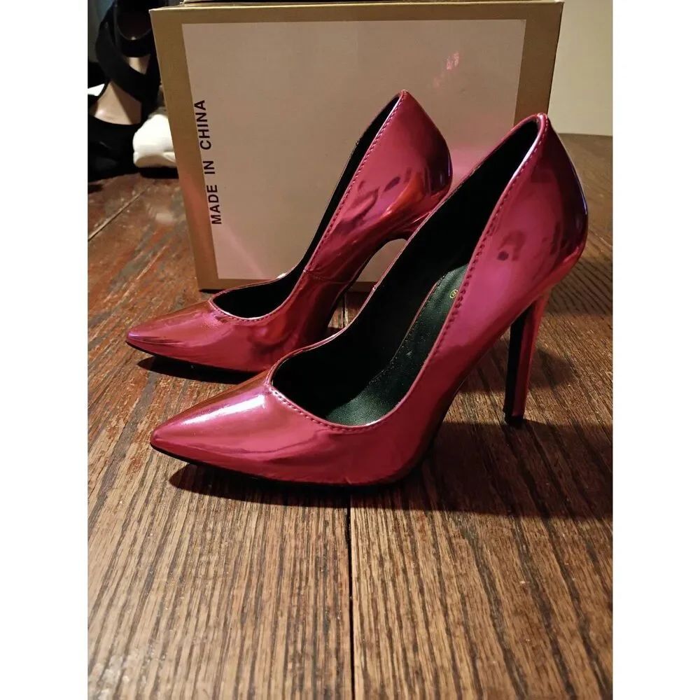 New 5.5 Qupid Metallic Pink High Heel Stiletto Dress Shoes Pointed Toe Slip On